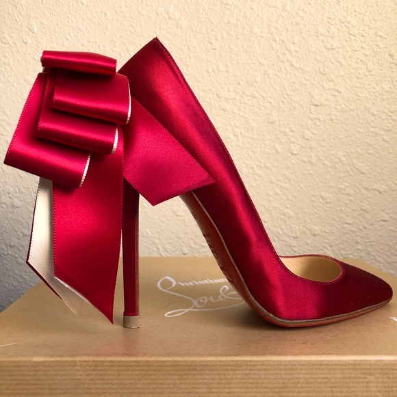 Christian Louboutin Shoes - Louboutin Anemone Red Satin Bow Pointy Pumps 37.5